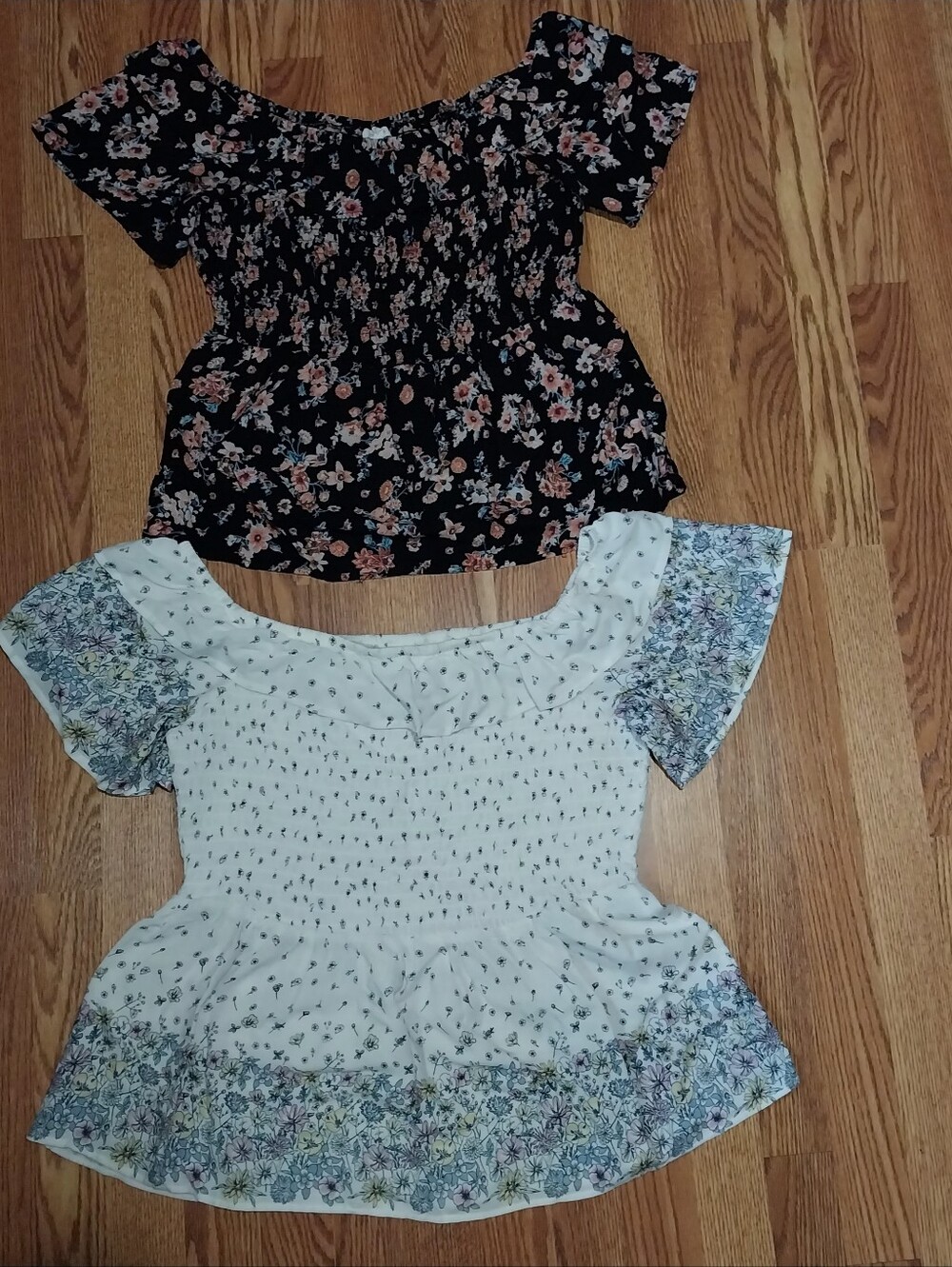 Maurices Floral Off-Shoulder Top Women Size XL Smocked Peplum Blouse White Black